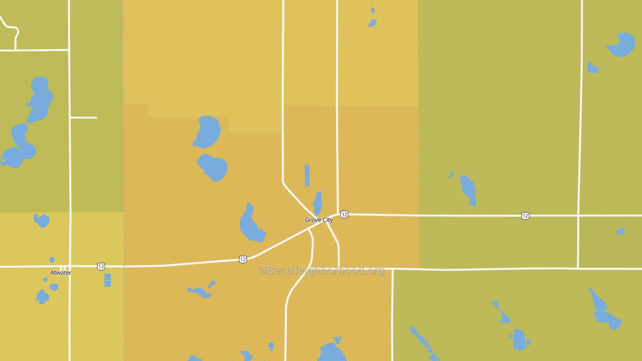 Map of the best neighborhoods in the 56243 area, with better matches in green and worse matches in red