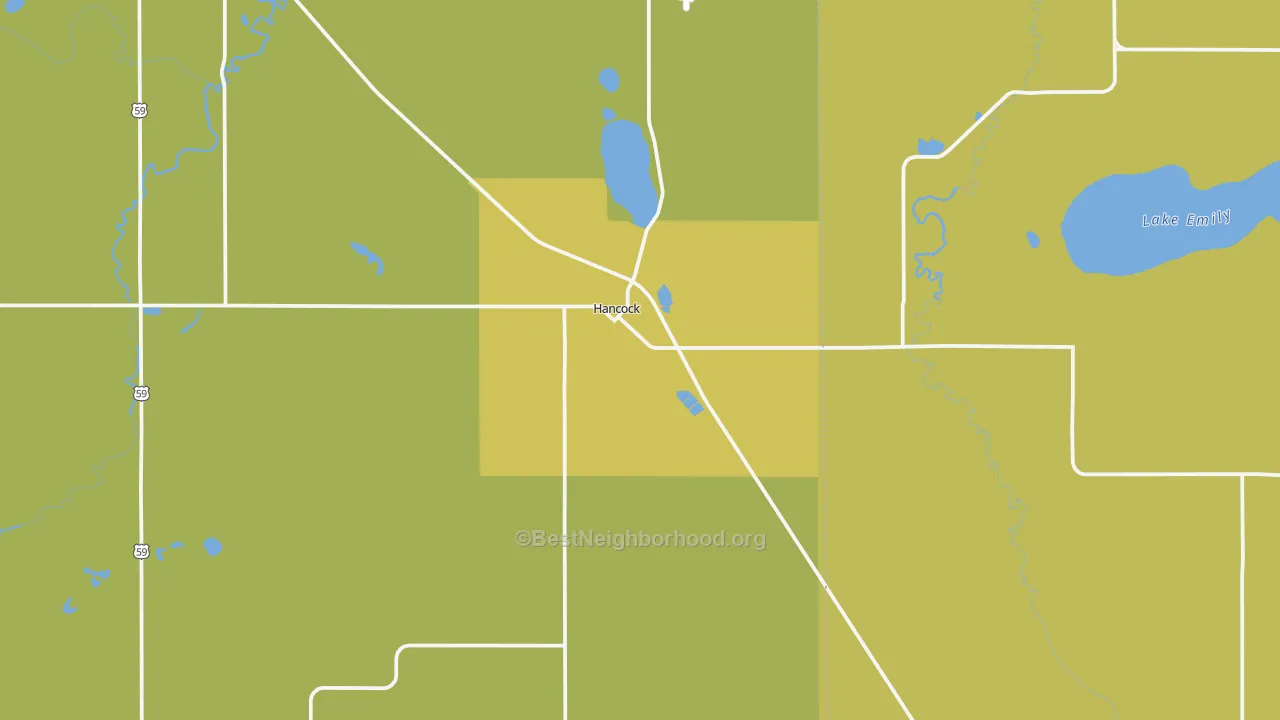 Map of the best neighborhoods in the 56244 area, with better matches in green and worse matches in red