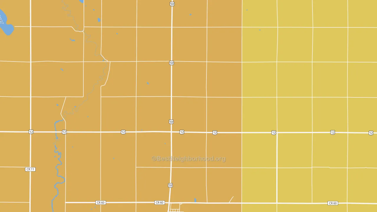 Map of the best neighborhoods in the 56249 area, with better matches in green and worse matches in red