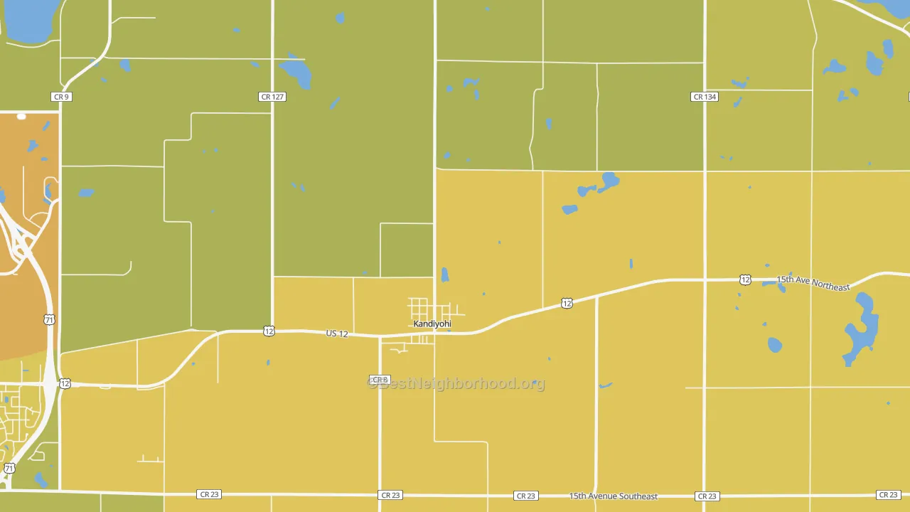 Map of the best neighborhoods in the 56251 area, with better matches in green and worse matches in red