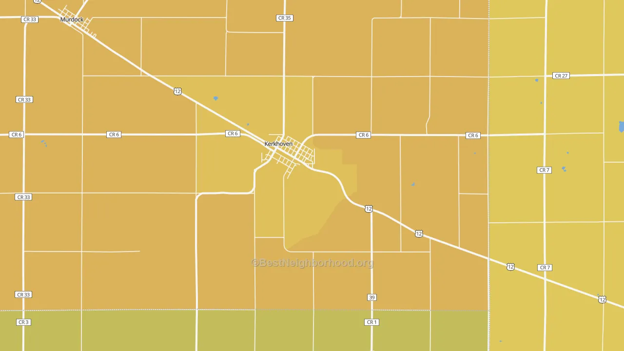 Map of the best neighborhoods in the 56252 area, with better matches in green and worse matches in red