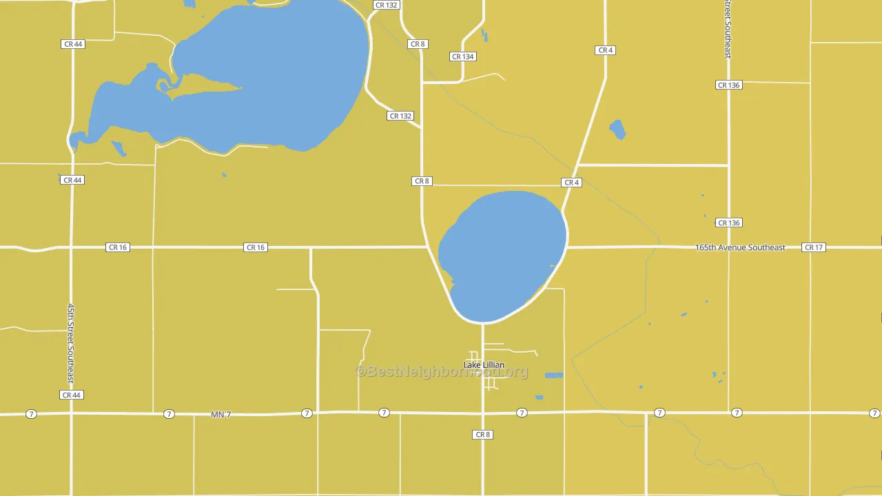Map of the best neighborhoods in the 56253 area, with better matches in green and worse matches in red