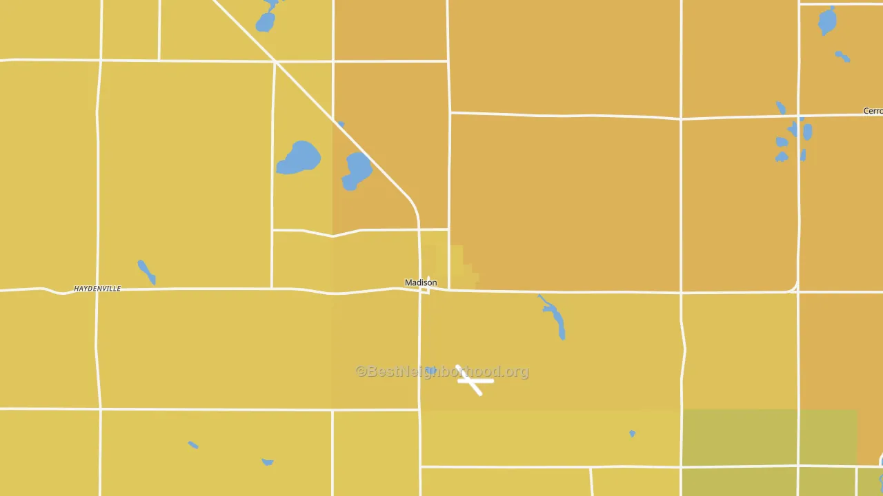 Map of the best neighborhoods in the 56256 area, with better matches in green and worse matches in red