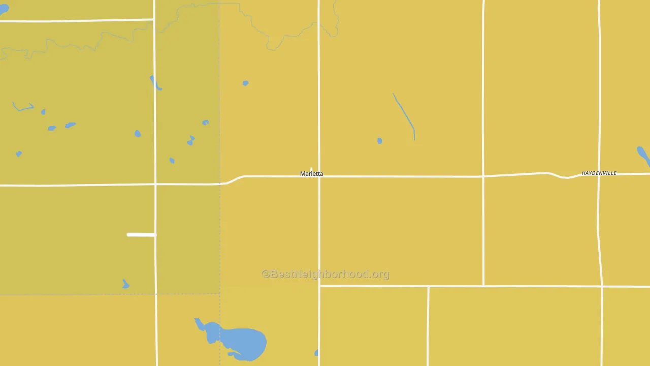 Map of the best neighborhoods in the 56257 area, with better matches in green and worse matches in red