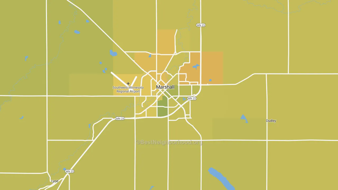 Map of the best neighborhoods in the 56258 area, with better matches in green and worse matches in red