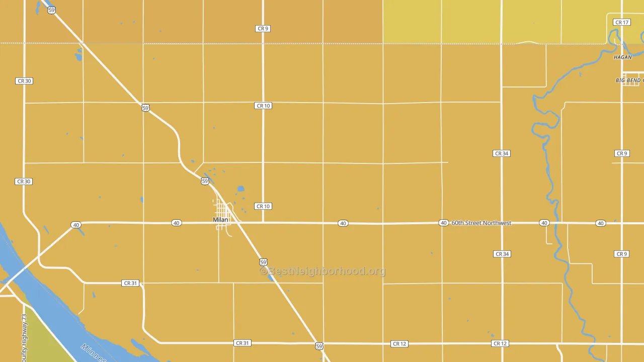 Map of the best neighborhoods in the 56262 area, with better matches in green and worse matches in red