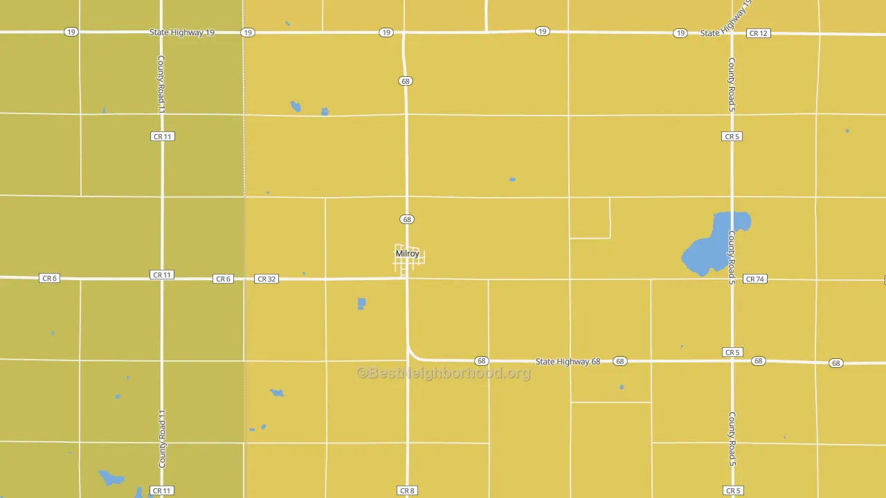 Map of the best neighborhoods in the 56263 area, with better matches in green and worse matches in red