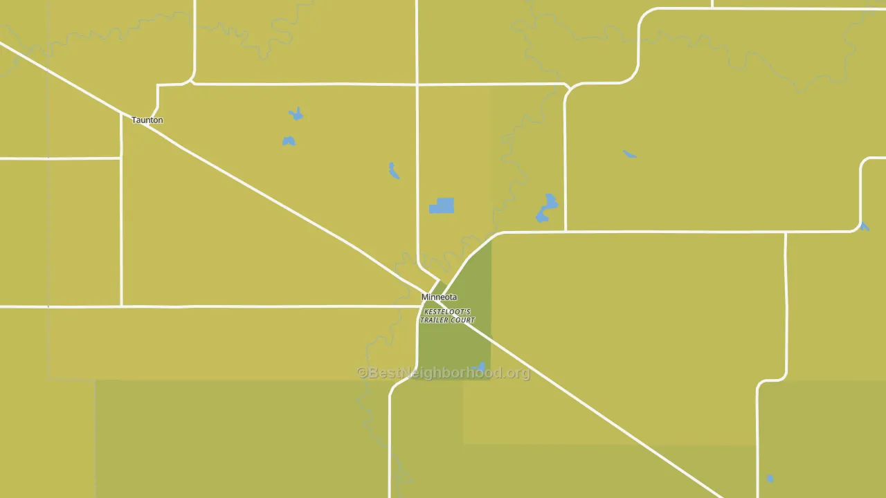 Map of the best neighborhoods in the 56264 area, with better matches in green and worse matches in red