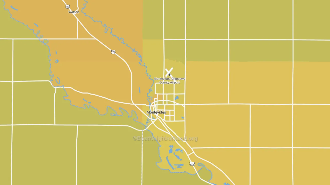 Map of the best neighborhoods in the 56265 area, with better matches in green and worse matches in red