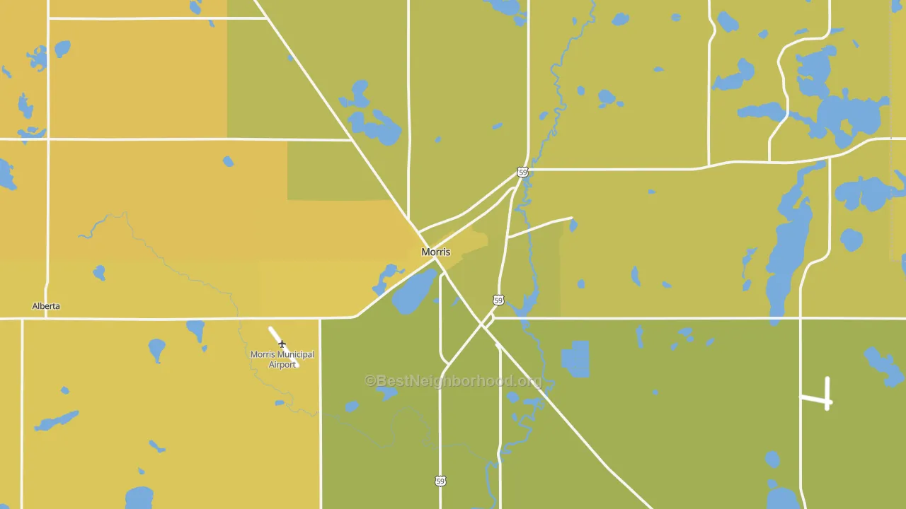 Map of the best neighborhoods in the 56267 area, with better matches in green and worse matches in red