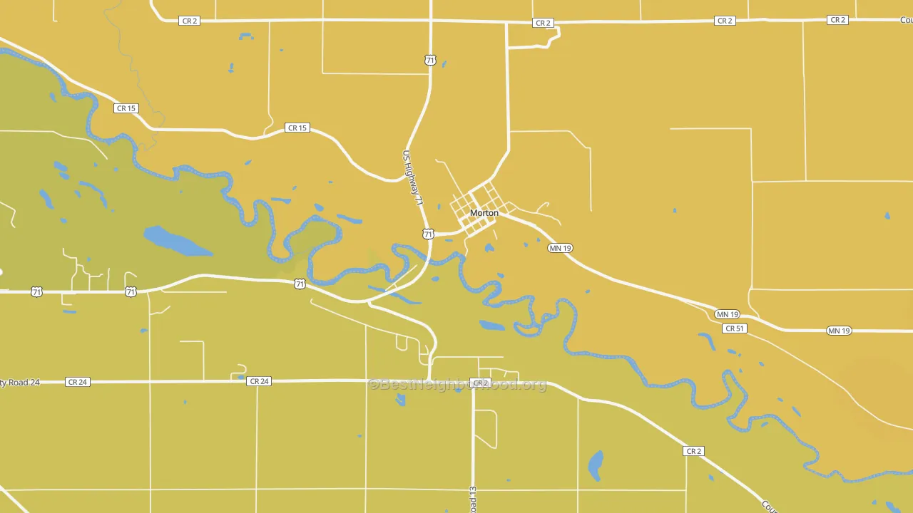 Map of the best neighborhoods in the 56270 area, with better matches in green and worse matches in red