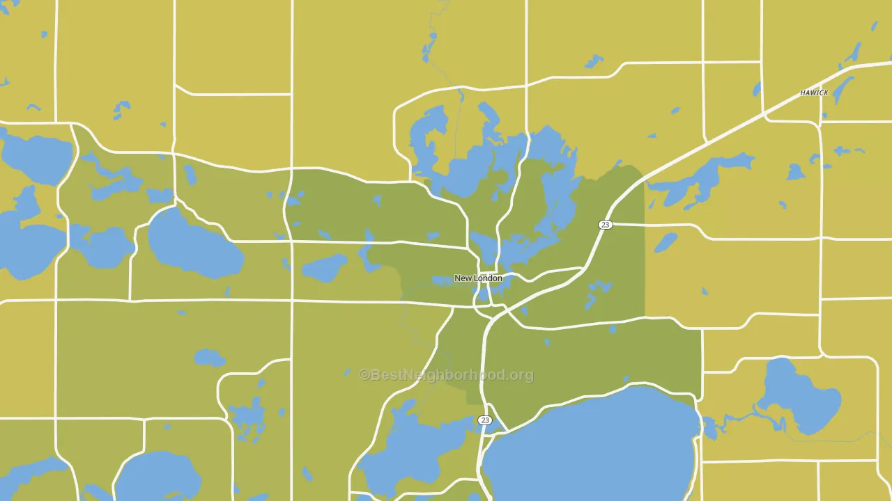 Map of the best neighborhoods in the 56273 area, with better matches in green and worse matches in red
