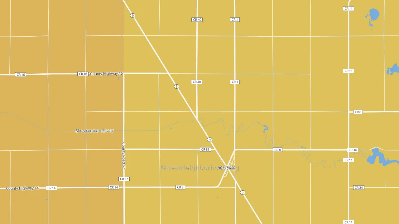 Map of the best neighborhoods in the 56274 area, with better matches in green and worse matches in red