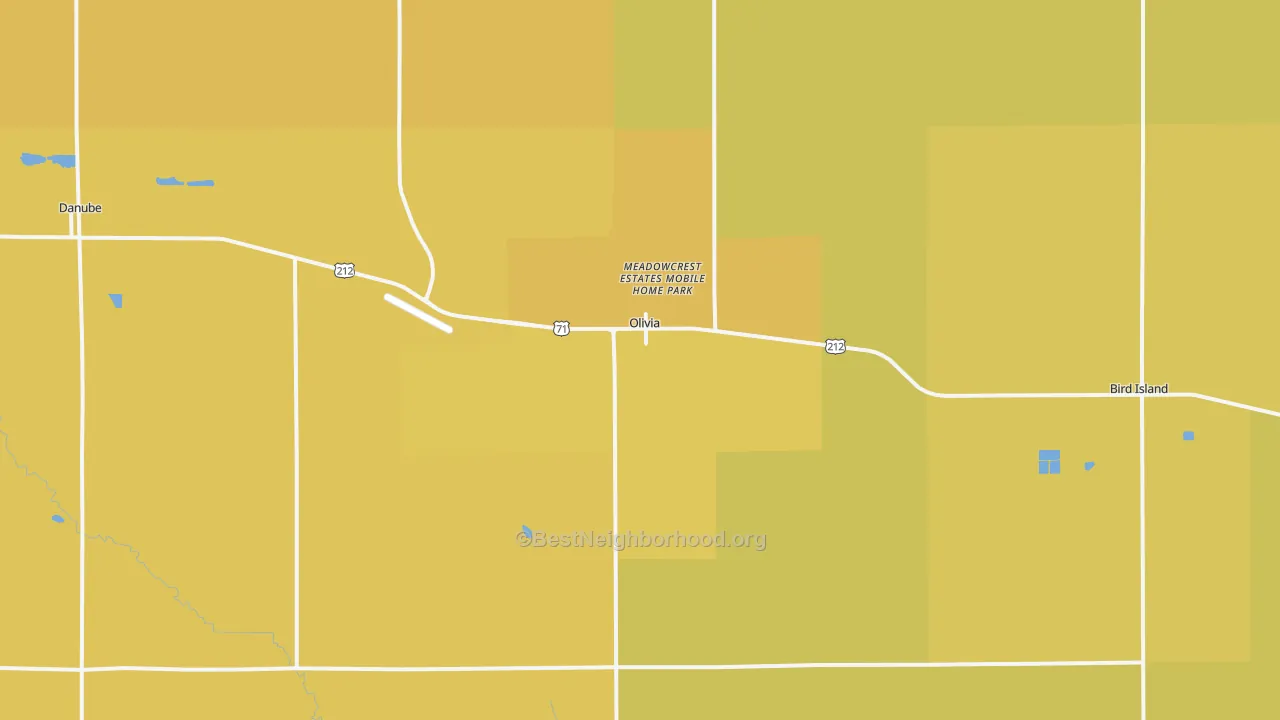 Map of the best neighborhoods in the 56277 area, with better matches in green and worse matches in red