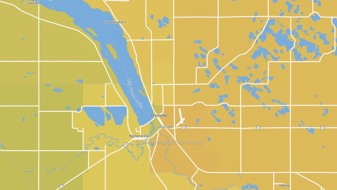 Map of the best neighborhoods in the 56278 area, with better matches in green and worse matches in red