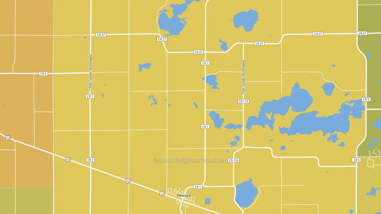 Map of the best neighborhoods in the 56279 area, with better matches in green and worse matches in red