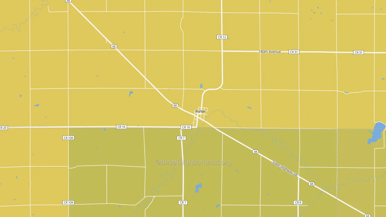 Map of the best neighborhoods in the 56280 area, with better matches in green and worse matches in red