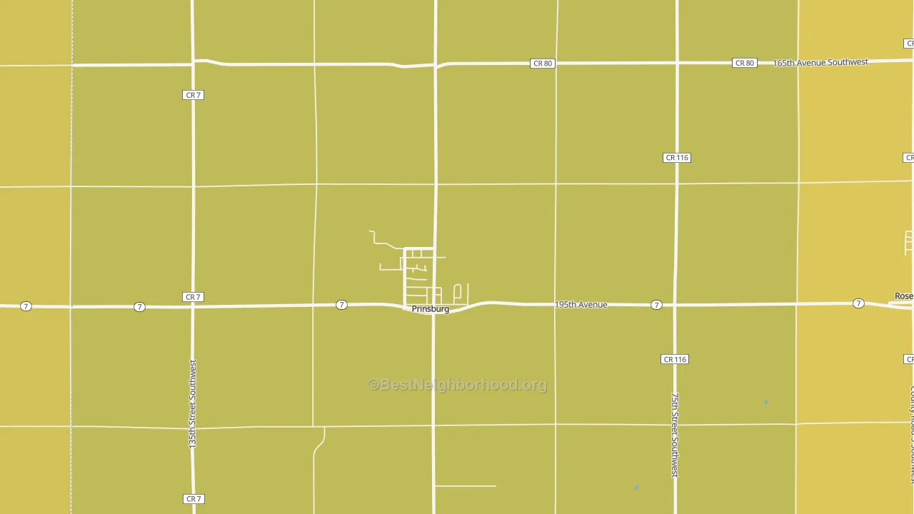 Map of the best neighborhoods in the 56281 area, with better matches in green and worse matches in red