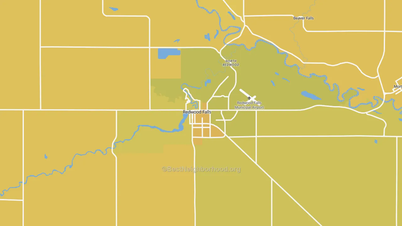 Map of the best neighborhoods in the 56283 area, with better matches in green and worse matches in red