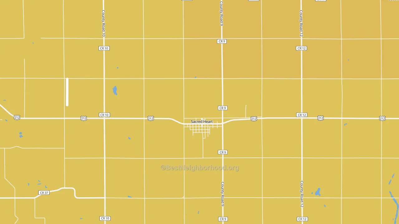 Map of the best neighborhoods in the 56285 area, with better matches in green and worse matches in red