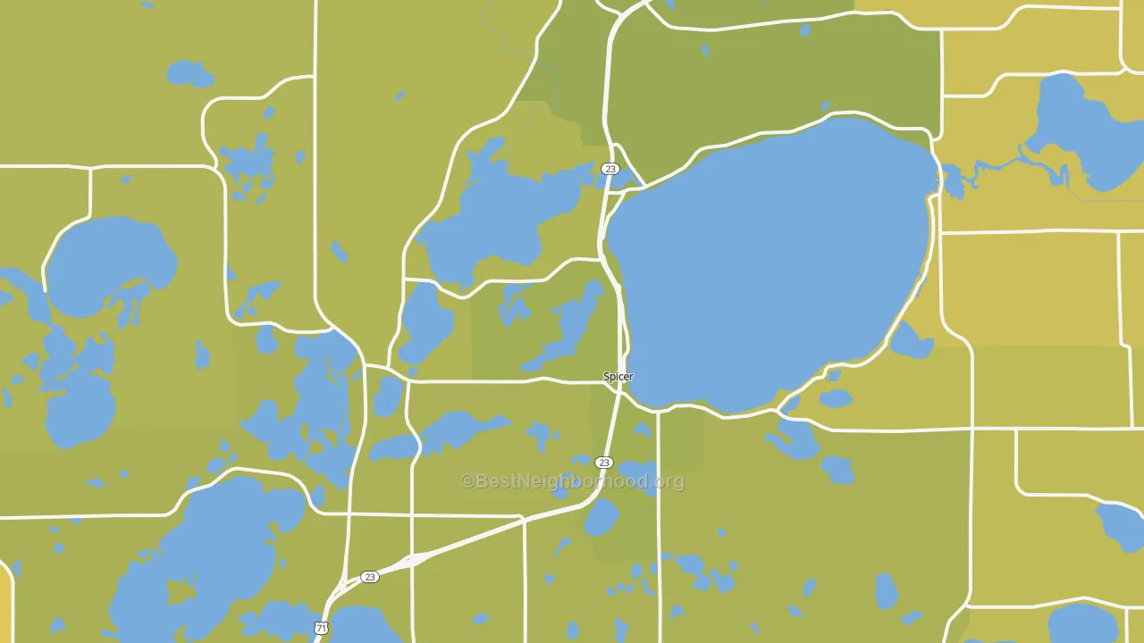 Map of the best neighborhoods in the 56288 area, with better matches in green and worse matches in red