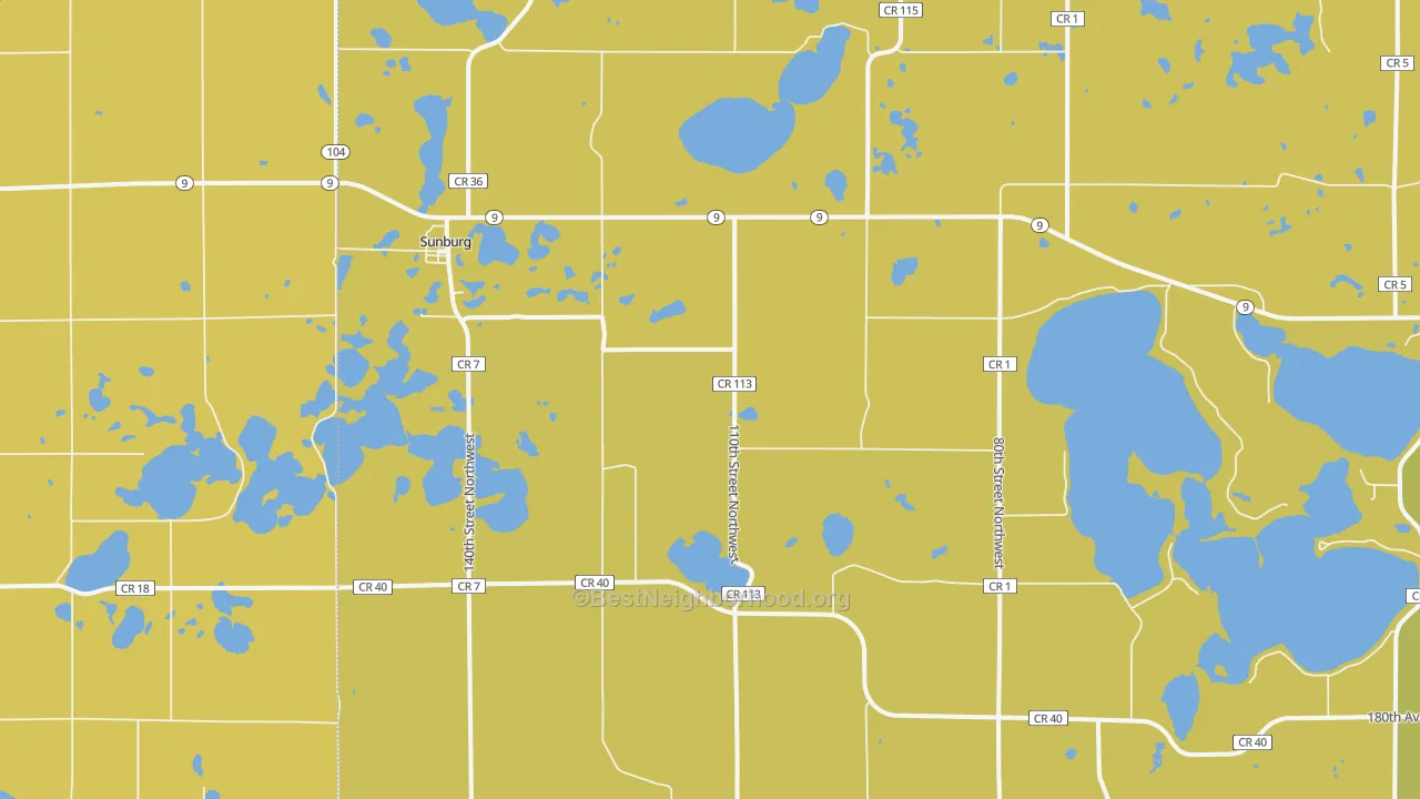 Map of the best neighborhoods in the 56289 area, with better matches in green and worse matches in red