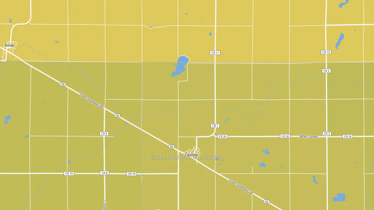 Map of the best neighborhoods in the 56291 area, with better matches in green and worse matches in red