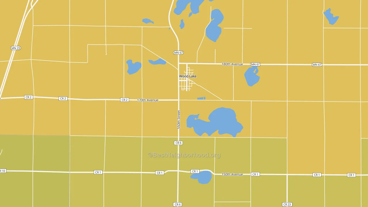 Map of the best neighborhoods in the 56297 area, with better matches in green and worse matches in red