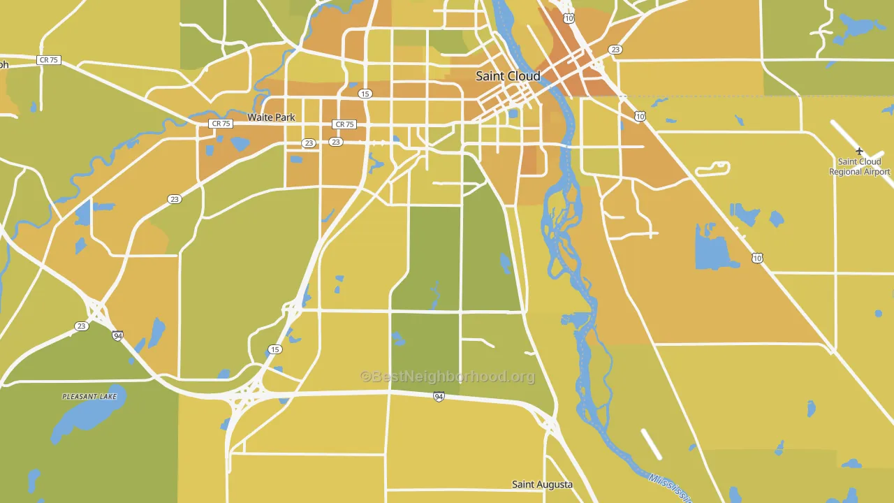 Map of the best neighborhoods in the 56301 area, with better matches in green and worse matches in red