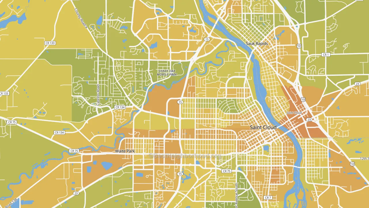 Map of the best neighborhoods in the 56303 area, with better matches in green and worse matches in red