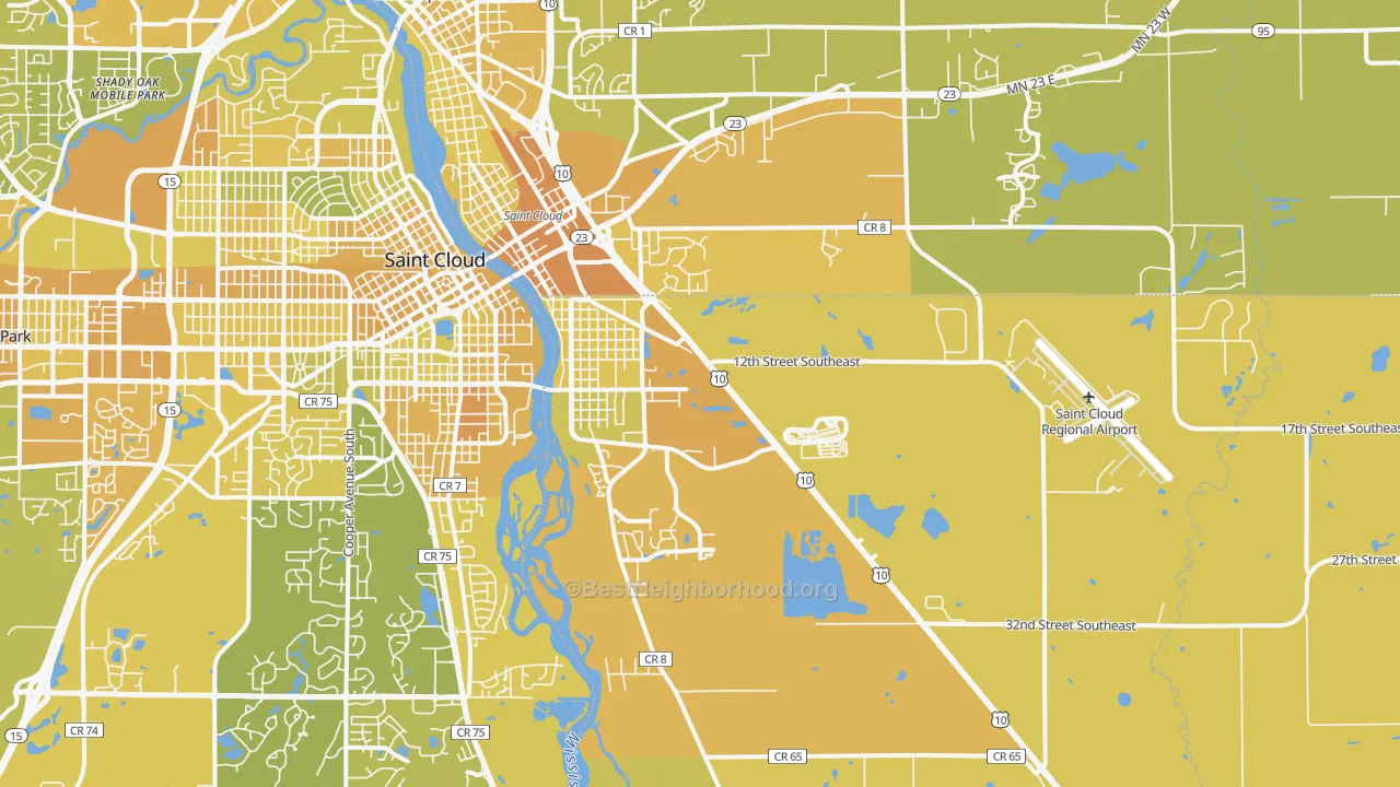 Map of the best neighborhoods in the 56304 area, with better matches in green and worse matches in red