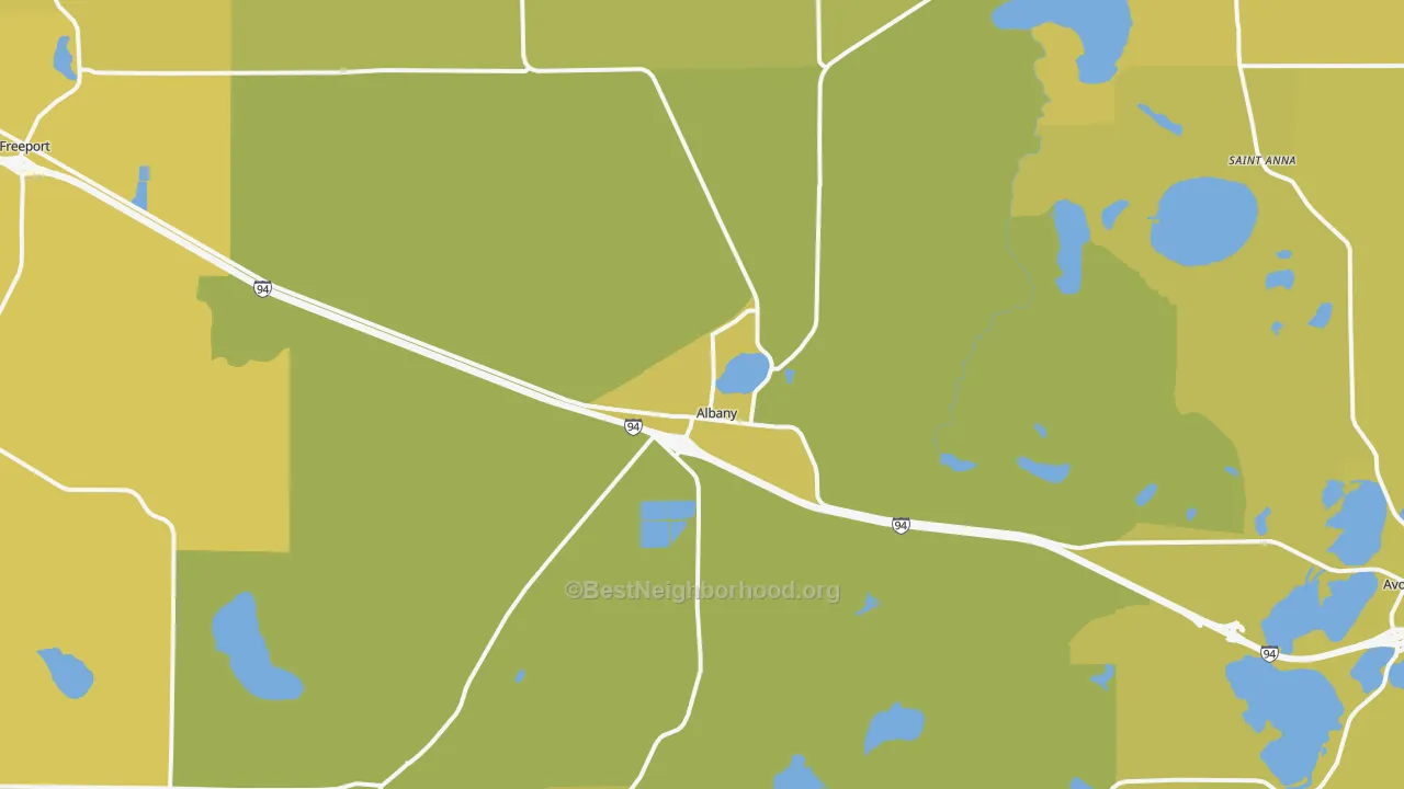 Map of the best neighborhoods in the 56307 area, with better matches in green and worse matches in red