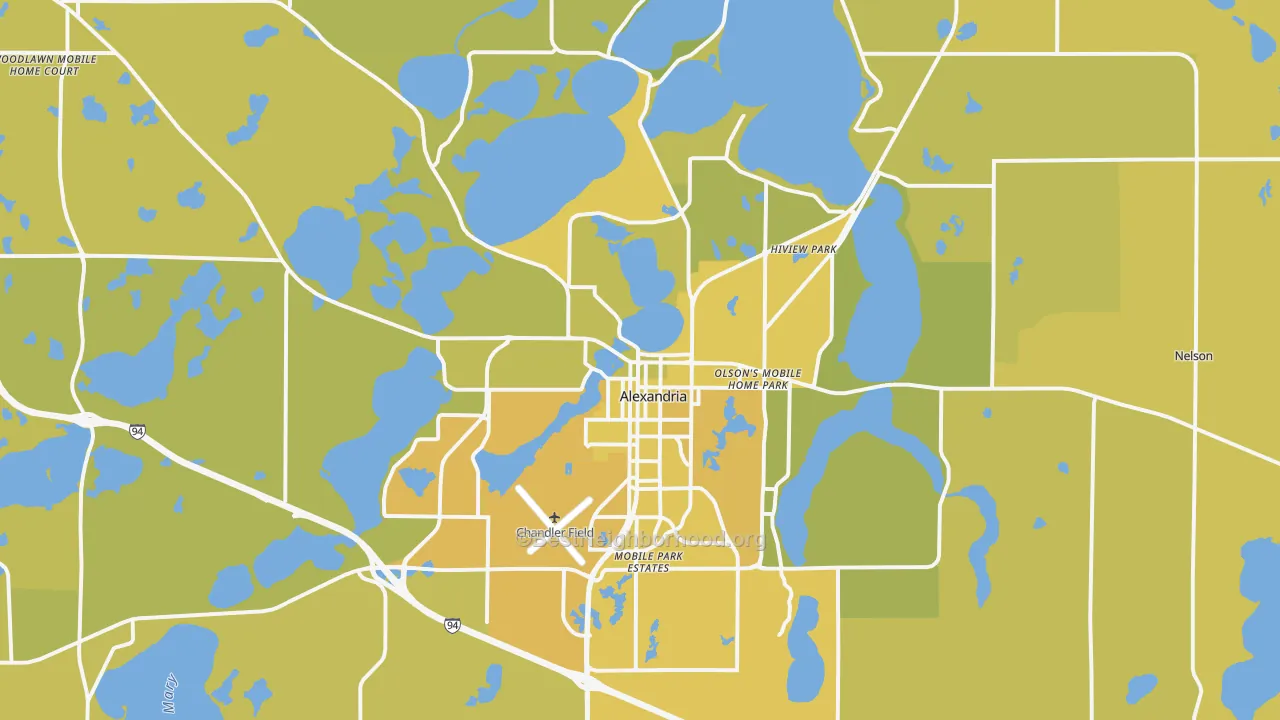 Map of the best neighborhoods in the 56308 area, with better matches in green and worse matches in red
