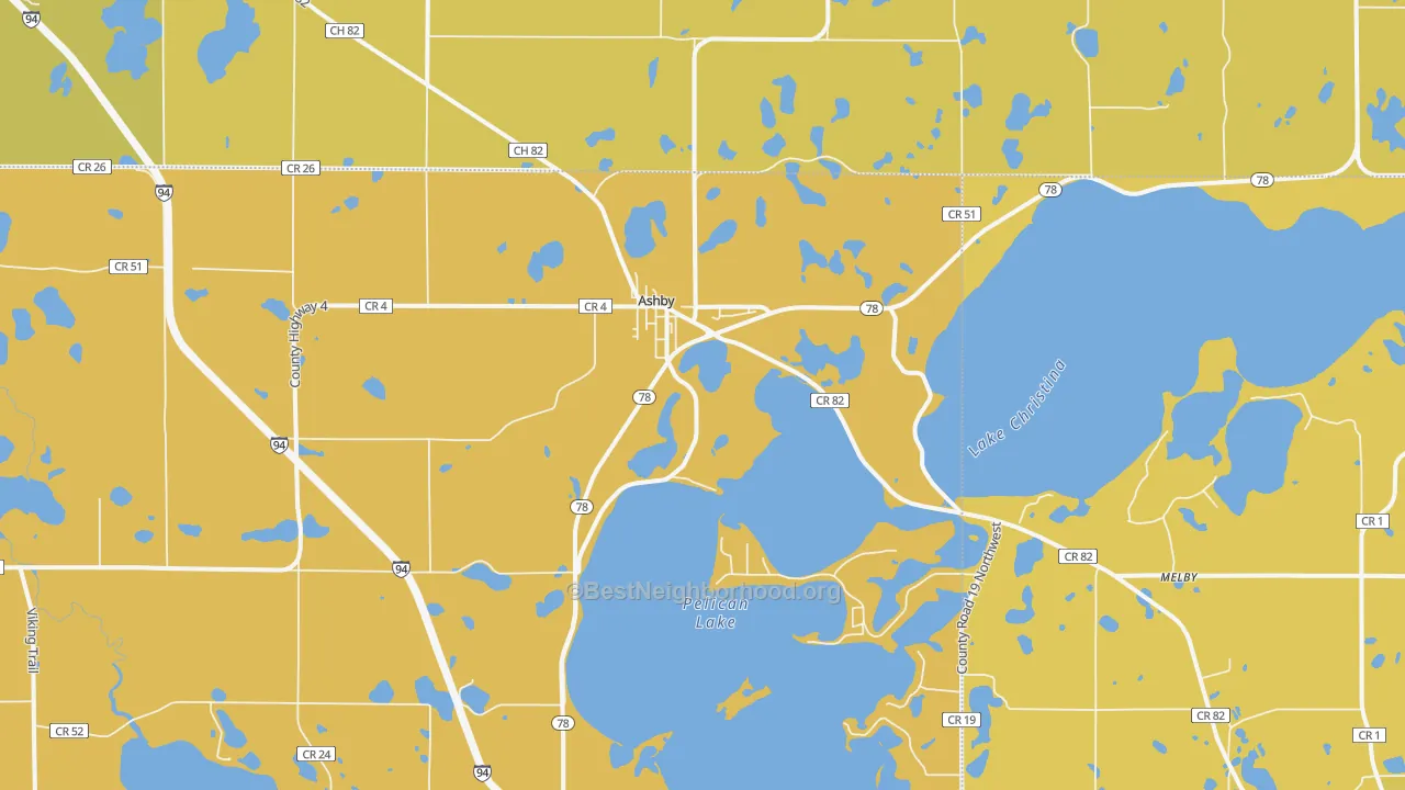 Map of the best neighborhoods in the 56309 area, with better matches in green and worse matches in red