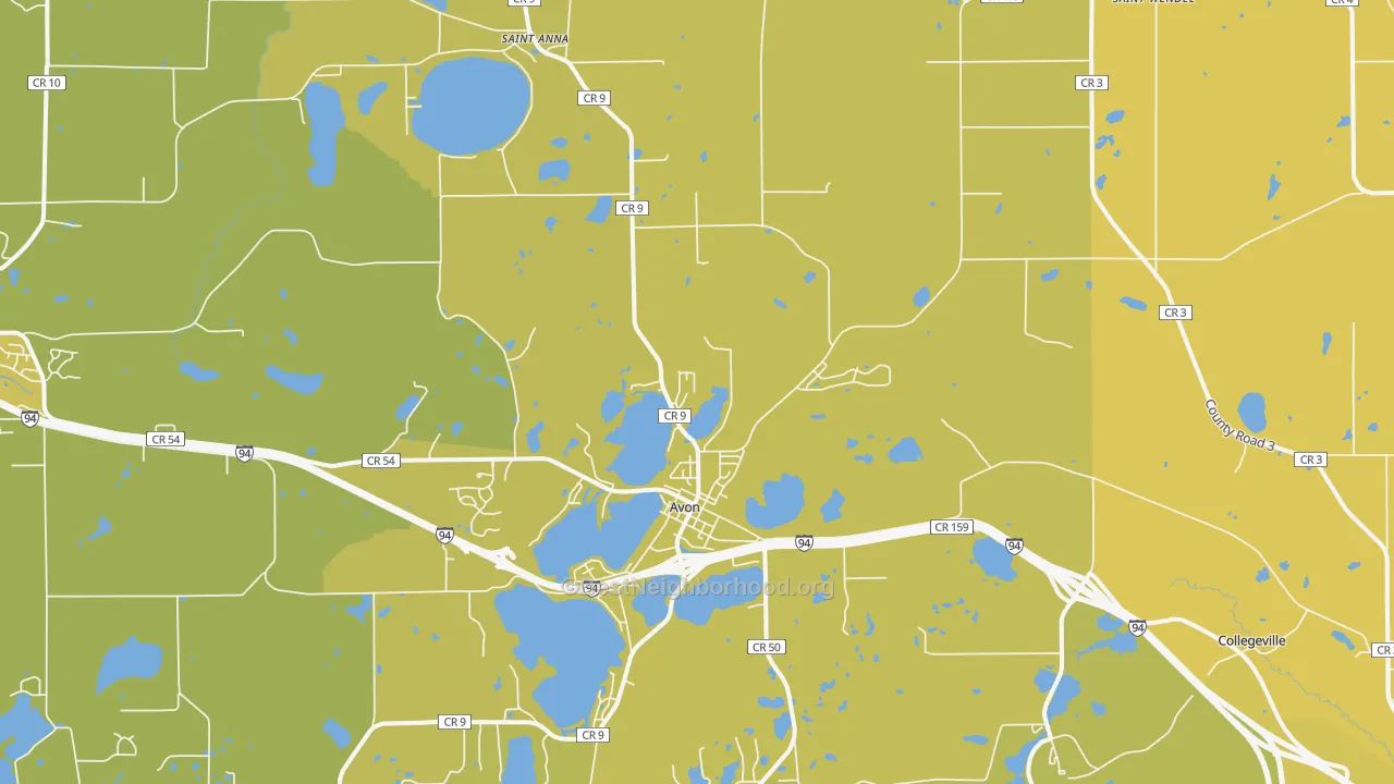 Map of the best neighborhoods in the 56310 area, with better matches in green and worse matches in red