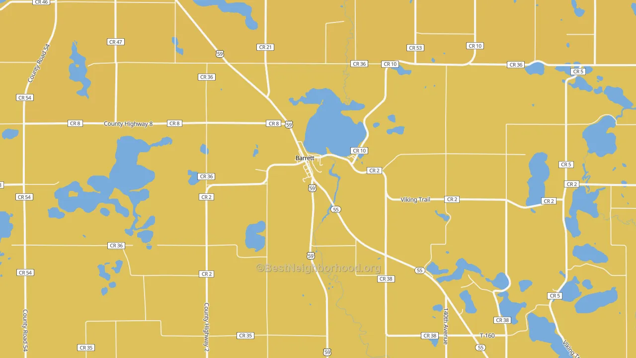 Map of the best neighborhoods in the 56311 area, with better matches in green and worse matches in red