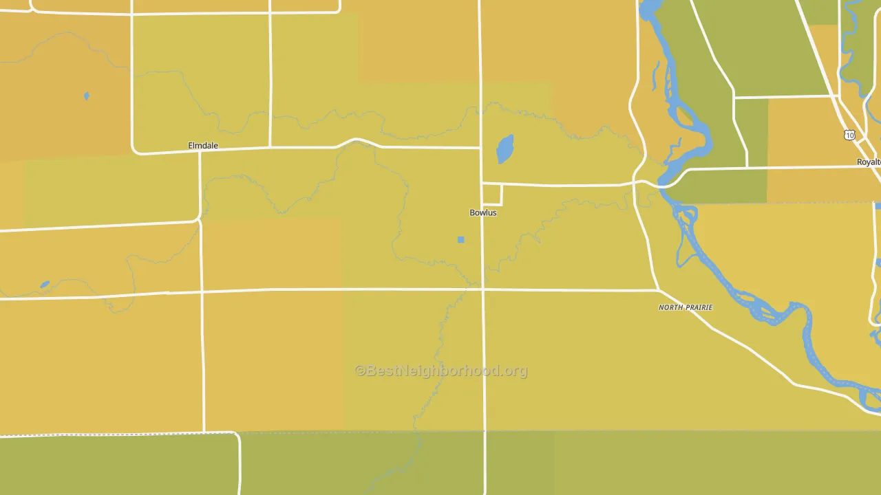 Map of the best neighborhoods in the 56314 area, with better matches in green and worse matches in red