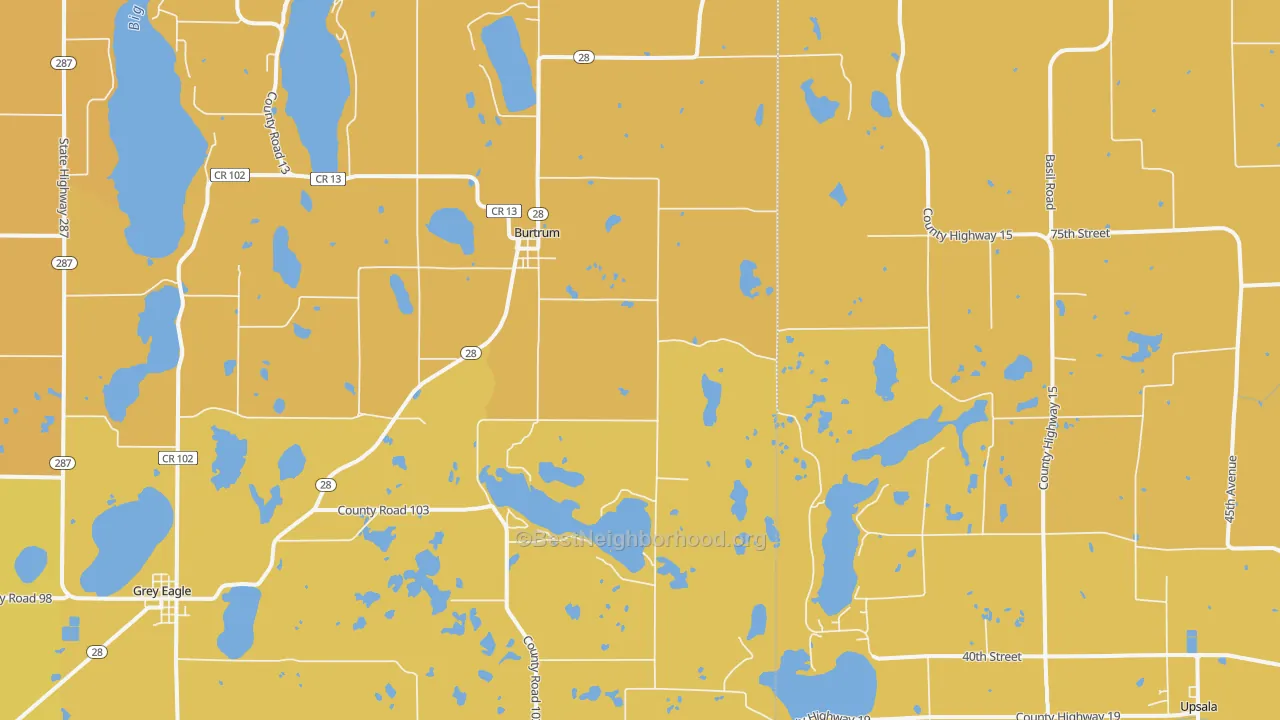 Map of the best neighborhoods in the 56318 area, with better matches in green and worse matches in red