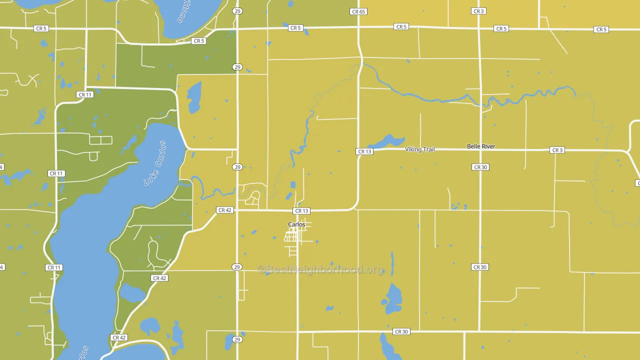 Map of the best neighborhoods in the 56319 area, with better matches in green and worse matches in red