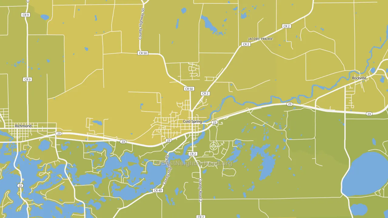 Map of the best neighborhoods in the 56320 area, with better matches in green and worse matches in red
