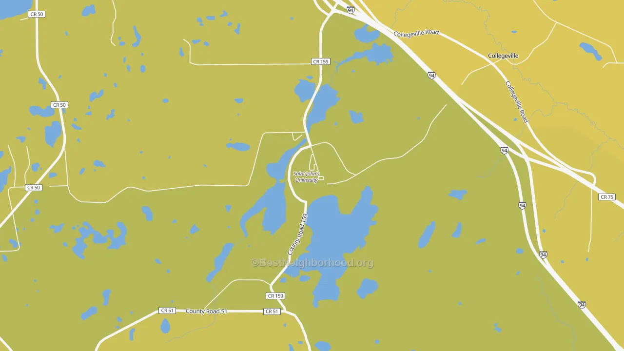 Map of the best neighborhoods in the 56321 area, with better matches in green and worse matches in red