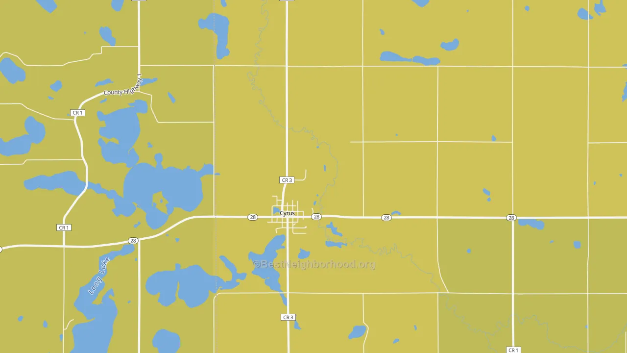 Map of the best neighborhoods in the 56323 area, with better matches in green and worse matches in red