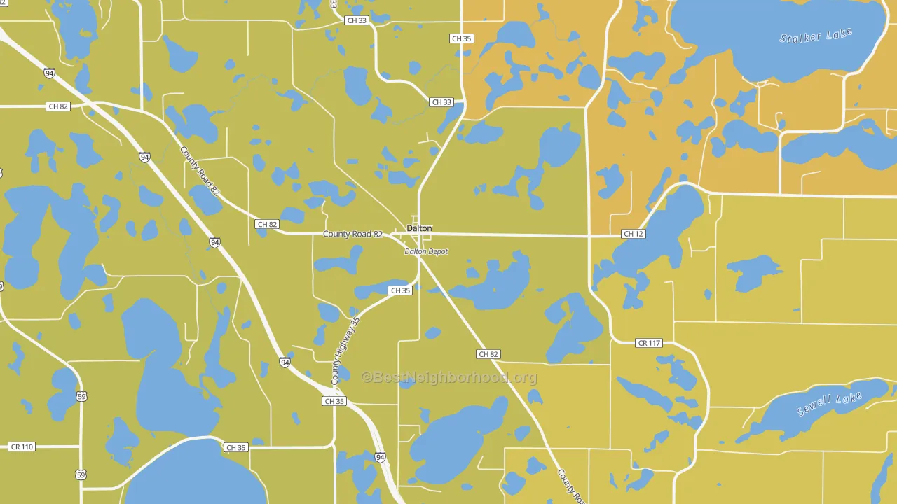 Map of the best neighborhoods in the 56324 area, with better matches in green and worse matches in red