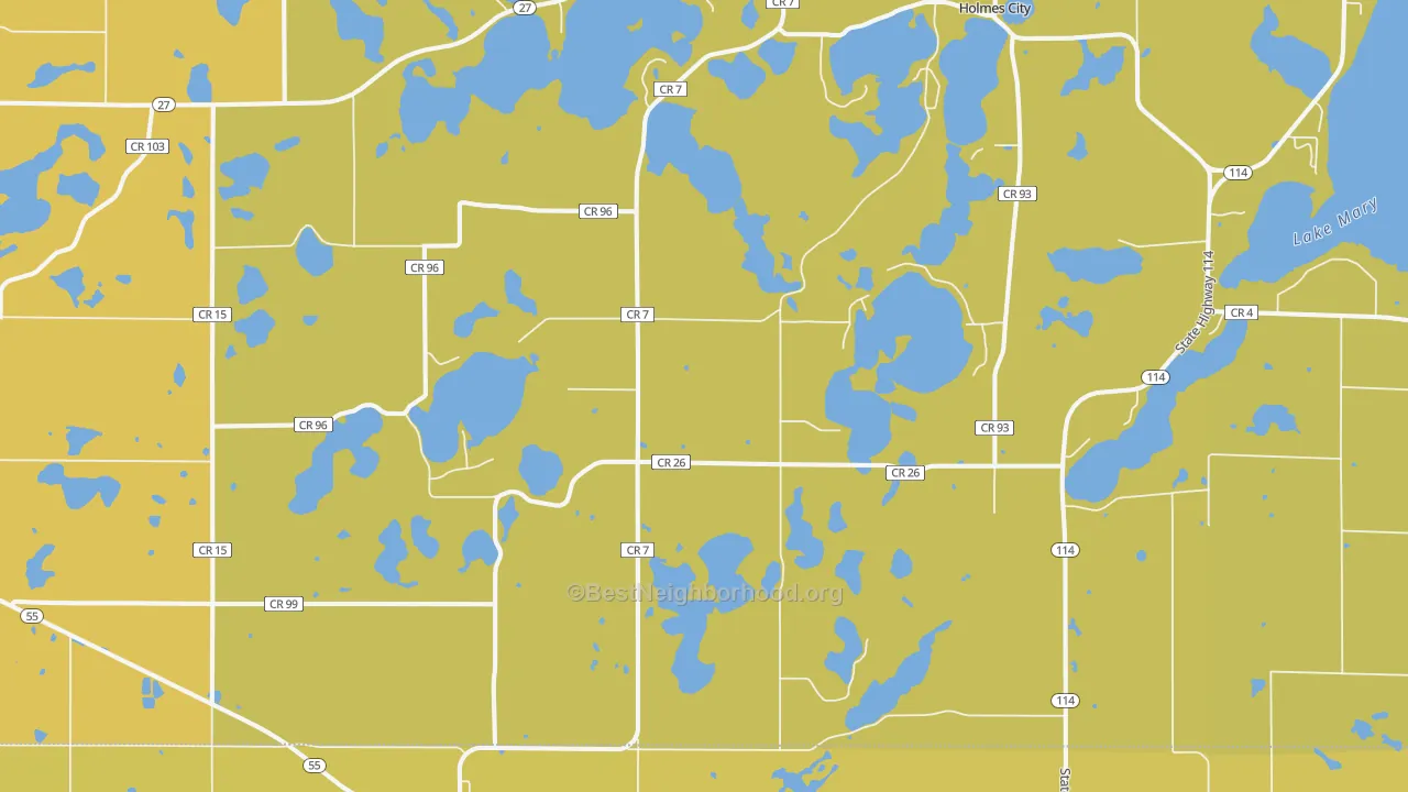 Map of the best neighborhoods in the 56327 area, with better matches in green and worse matches in red