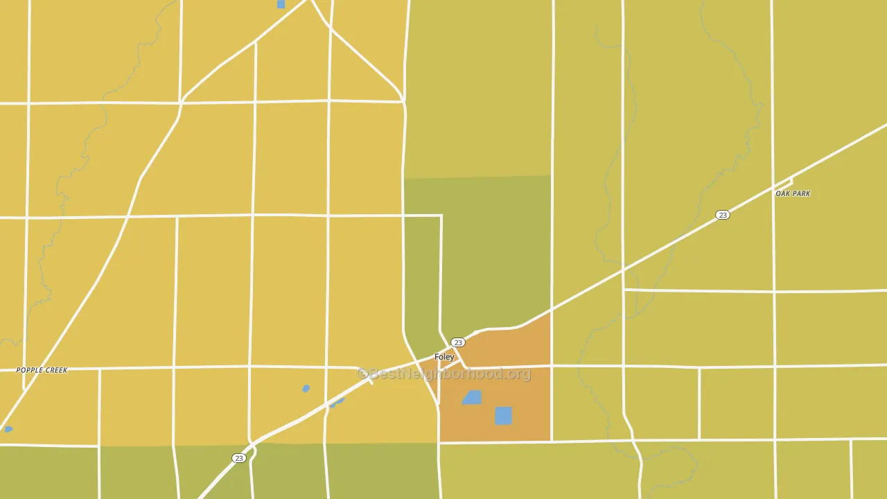 Map of the best neighborhoods in the 56329 area, with better matches in green and worse matches in red