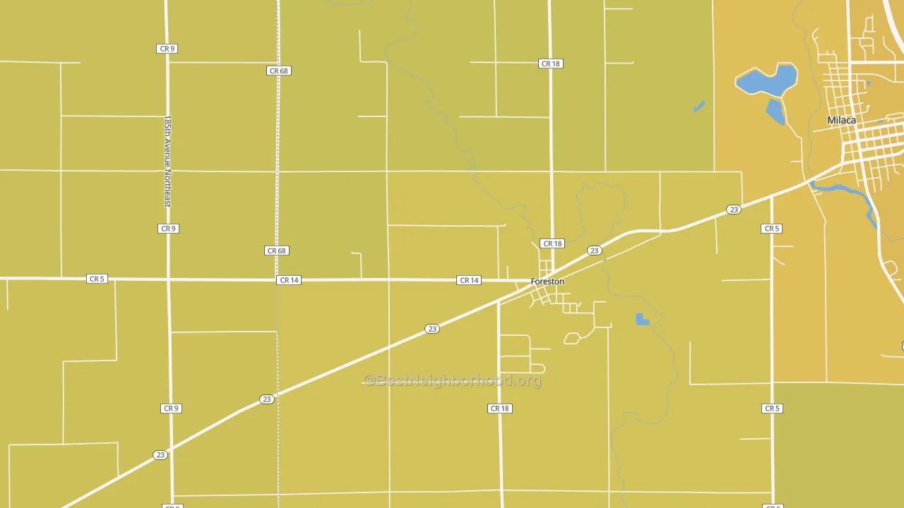 Map of the best neighborhoods in the 56330 area, with better matches in green and worse matches in red