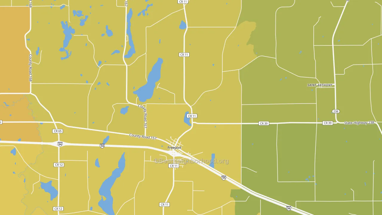 Map of the best neighborhoods in the 56331 area, with better matches in green and worse matches in red