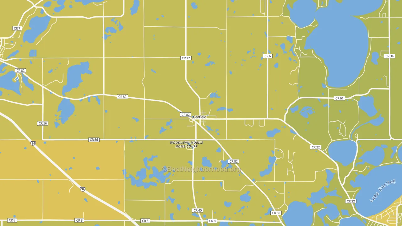 Map of the best neighborhoods in the 56332 area, with better matches in green and worse matches in red