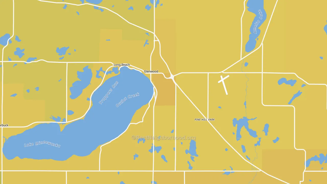 Map of the best neighborhoods in the 56334 area, with better matches in green and worse matches in red