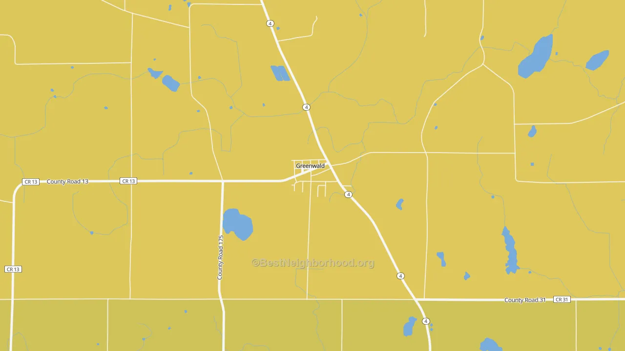 Map of the best neighborhoods in the 56335 area, with better matches in green and worse matches in red